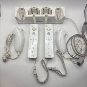 2 OEM Nintendo Wii Remote Controllers White RVL-003 W/Nunchucks & Rechargeable